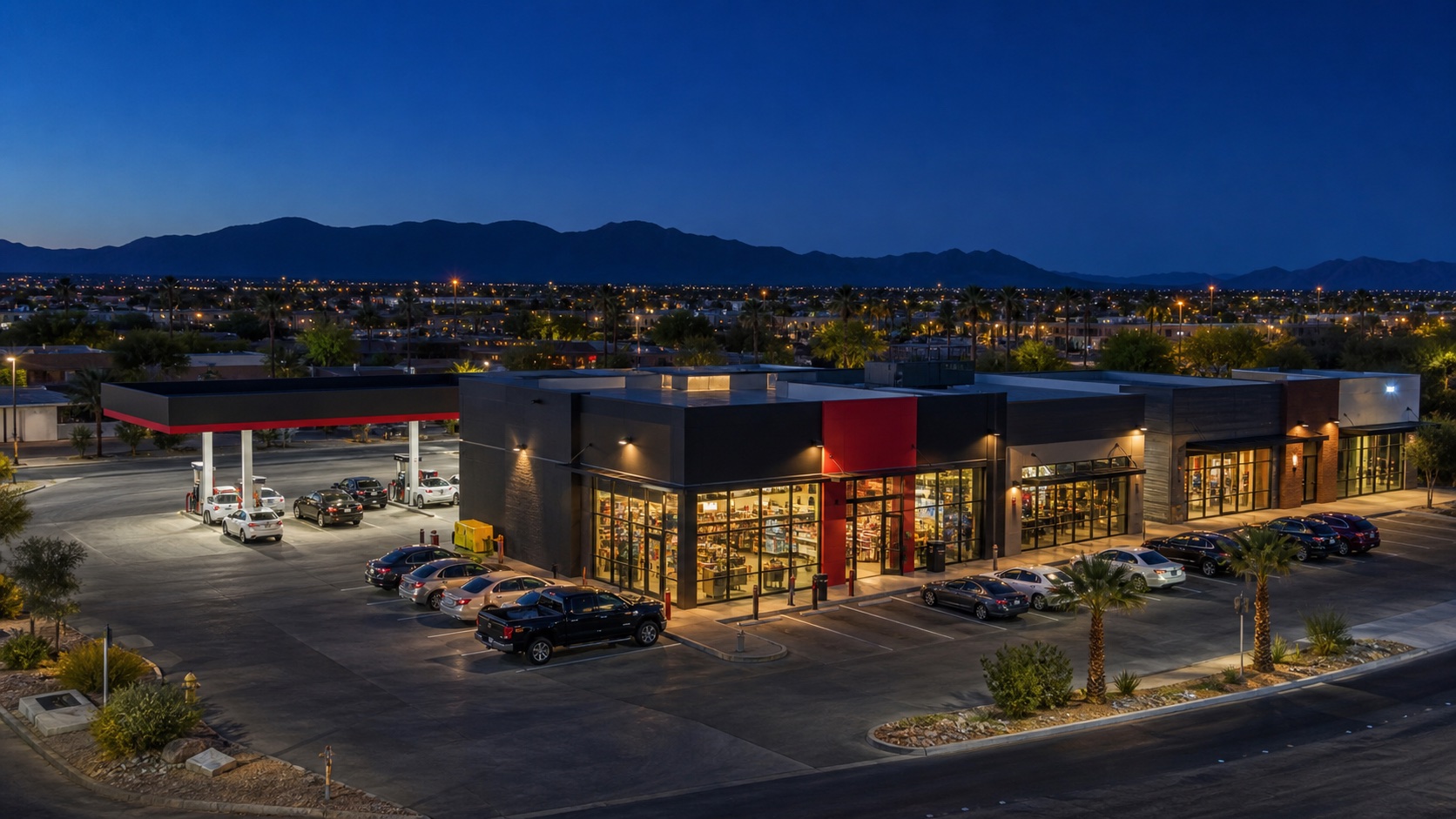 Active neighborhood retail property in Las Vegas at blue hour