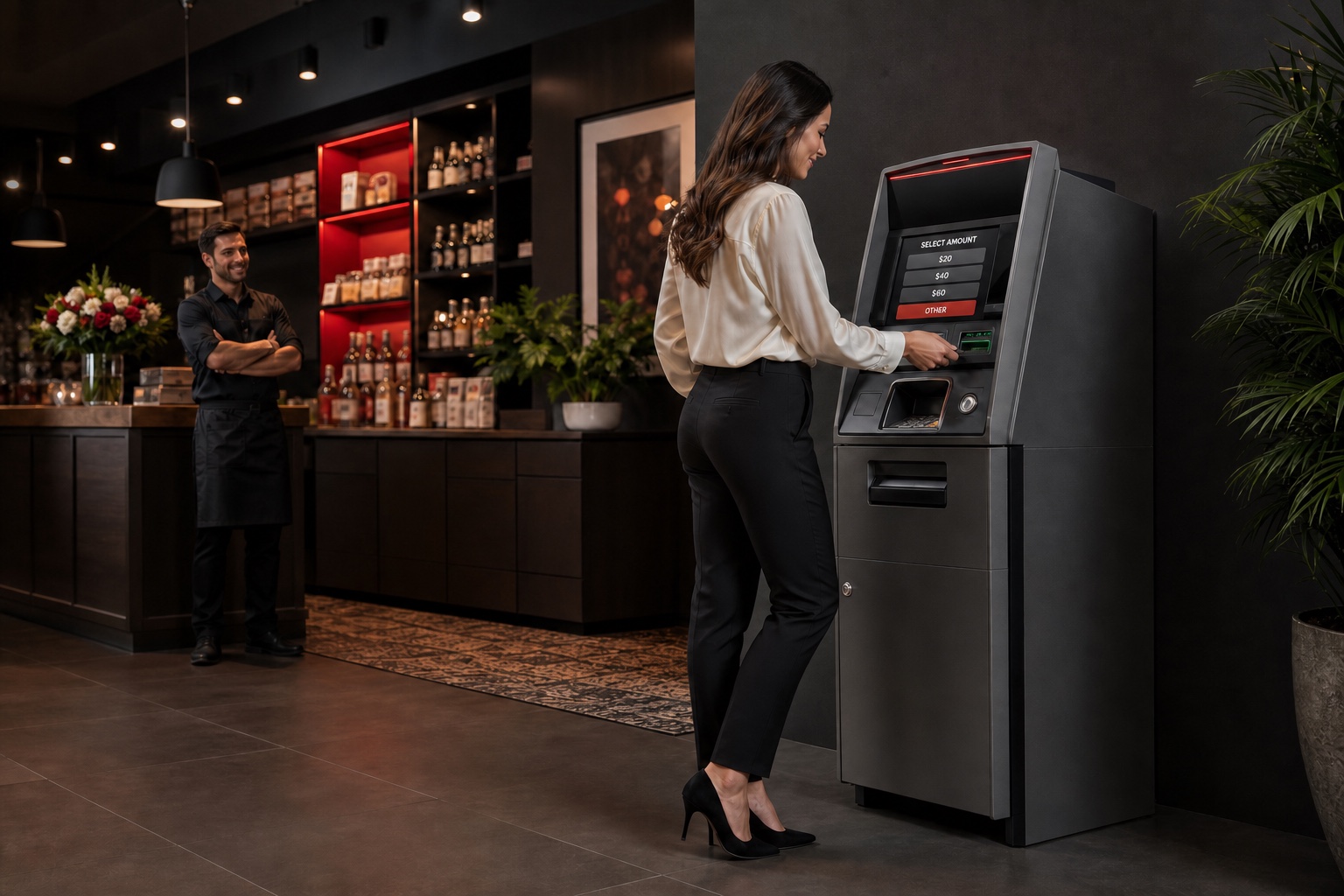 Customer using a modern freestanding ATM in a hospitality location