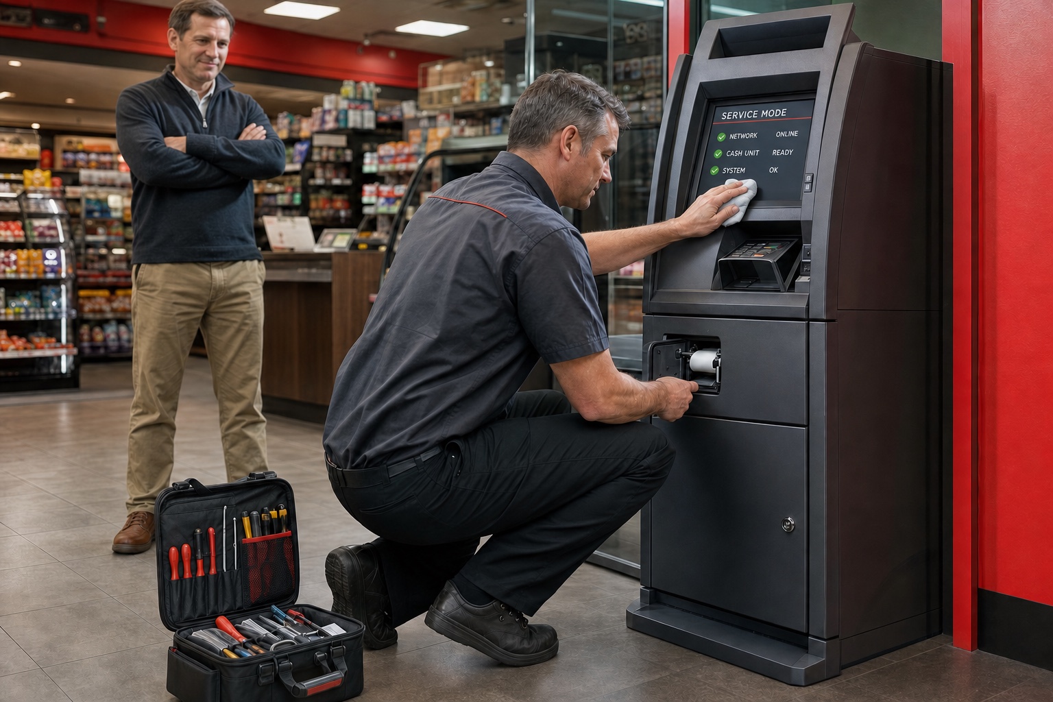 Filler Up style field technician servicing an ATM while a business owner looks on