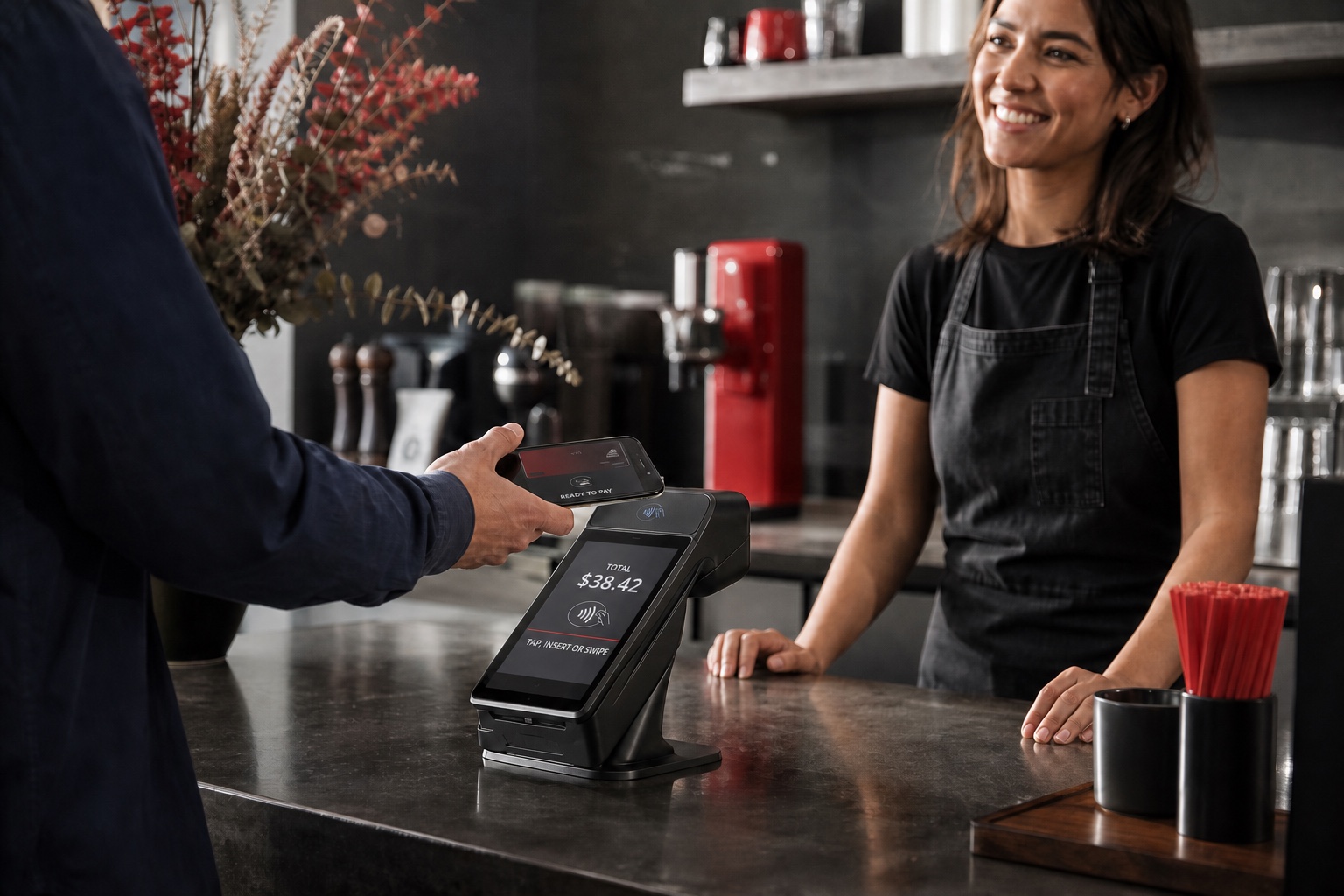 Customer tapping a smartphone on a countertop payment terminal